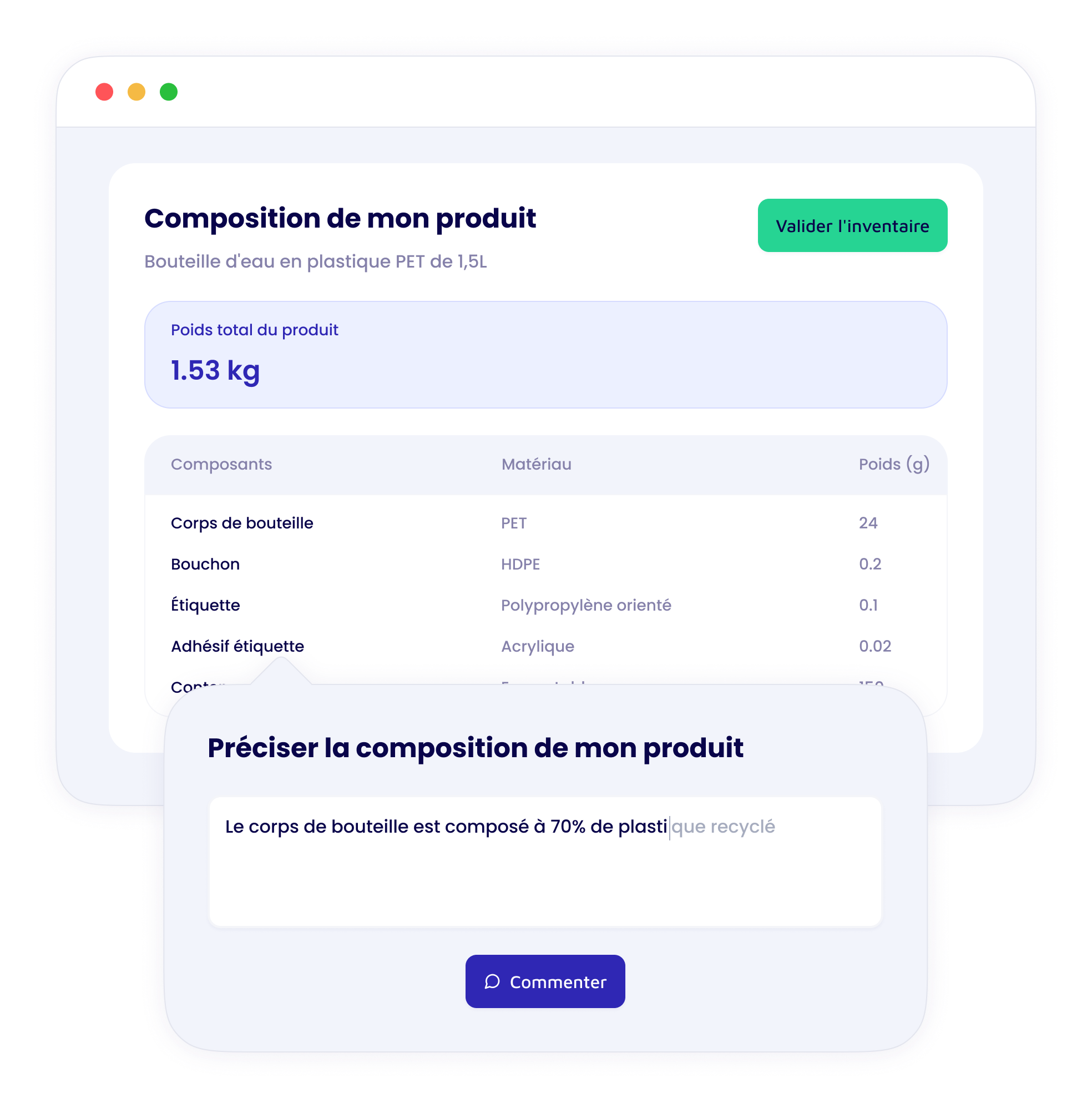 Interface de définition du produit - Étape 1